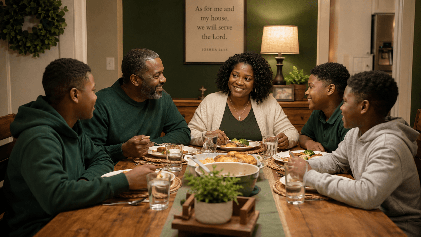 Family-style dinner — houseparents and students around the table